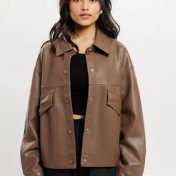 FREAKINS Spread Collar Crop Leather Jacket-picture-12
