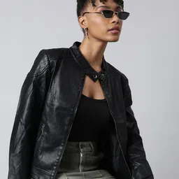 SHOWOFF Mock Collar Long Sleeves Zip Detail Windcheater Biker Jacket-4