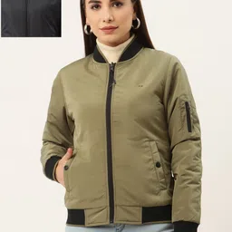 Okane Women Olive Green Navy Blue Reversible Bomber Jacket-49