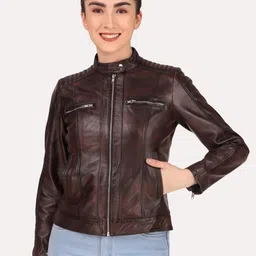 Leather Retail Women Coffee Brown Leather Crop Outdoor Biker Jacket-image-88