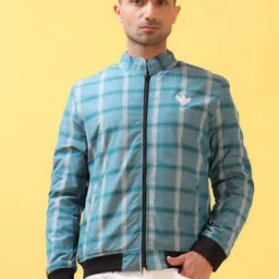 THINC Men Mandarin Collar Checked Casual Bomber Jacket-5