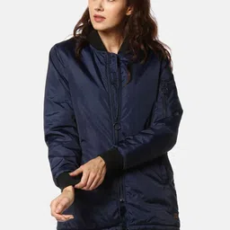 Campus Sutra Women Blue Windcheater Longline Bomber Jacket-image-25