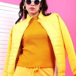 Tokyo Talkies Women Yellow Striped Longline Puffer Jacket-image-64