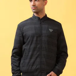 THINC Men Mandarin Collar Checked Casual Bomber Jacket-2