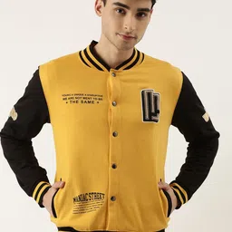 Maniac Men Yellow Black Colourblocked Button Down Bomber Jacket-image-74