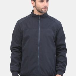 Mast & Harbour Navy Blue Stand Collar Bomber Jacket-image-6