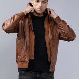 HIGHLANDER Men Brown Solid Biker Jacket-36
