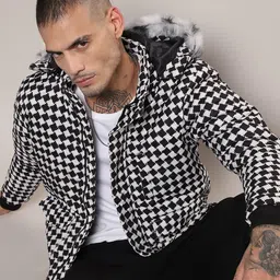 Campus Sutra Black Geometric Printed Hooded Windcheater Puffer Jacket-picture-28