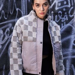 Campus Sutra Checked Mock Collar Windcheater Open Front Jacket-16