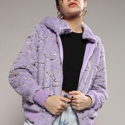 Campus Sutra Purple Self Design Windcheater Faux Fur Trim Bomber Jacket-picture-14