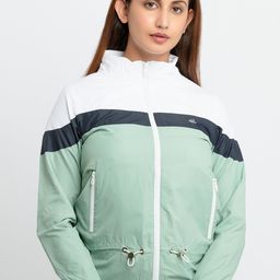 Status Quo Women Green Colourblocked High Neck Bomber Jacket-image-132