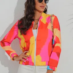 StyleCast Pink Abstract Printed Cotton Bomber Jacket-picture-7