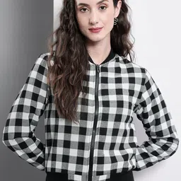 TANDUL Women Checked Cotton Lightweight Crop Bomber Jacket-18