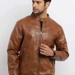 Status Quo Men Brown Solid PU High Neck Biker Jacket-image-59