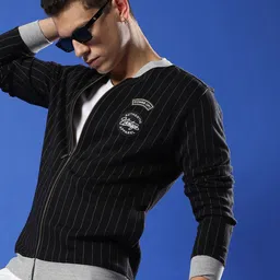 Campus Sutra Navy Blue Striped Windcheater Cotton Bomber Jacket-picture-53