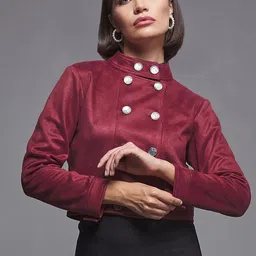 DressBerry Red Stand Collar Crop Tailored Jacket-image-61