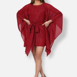 Ashtag Maroon Embellished Embroidered Kaftan Mini Dress-22