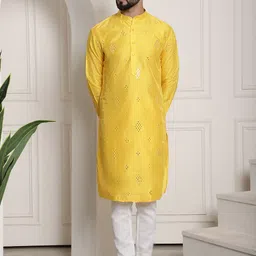 SOJANYA Geometric Embroidered Mirror Work Mandarin Collar Regular Kurta With Pyjama image 4