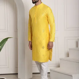 SOJANYA Geometric Embroidered Mirror Work Mandarin Collar Regular Kurta With Pyjama image 5