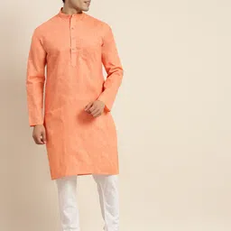 Anug by SOJANYA Men Orange Dobby Band Collar Kurta-picture-31