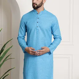 Anug by SOJANYA Men Blue Checked Dobby Mandarin Collar Kurta-image-50