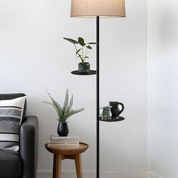 Homesake Black & Beige Dual Shelf Metal Floor Lamp with Fabric Shade-0