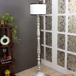 TU CASA Brown & White Mango Wooden Cylindrical Shaped Floor Lamp-14