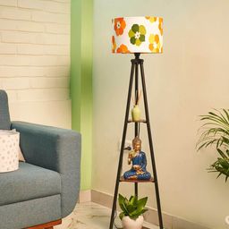 Crosscut White & Black Floral Printed Metal Cylinder Shaped Floor Lamp With Shelves-30