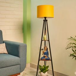 Crosscut Yellow & Black Metal Cylinder Shaped Floor Lamp With Shelves-41
