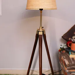 Homesake Beige & Brown Wooden Tripod Floor Lamp With Shade-1