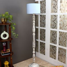 TU CASA Blue & White Contemporary Cylindrical Shaped Mango Wooden Floor Lamp-4