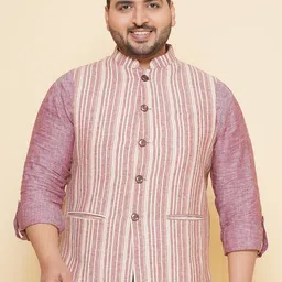 John Pride Plus Size Striped Cotton Linen Nehru Jacket-image-49