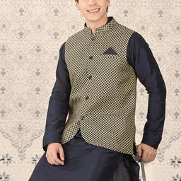 Ode by House of Pataudi Navy Blue & Beige Geometric Woven Design Nehru Jacket-picture-31