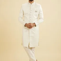 Manyavar Self Designed Mandarin Collar Sherwani Set-image-4