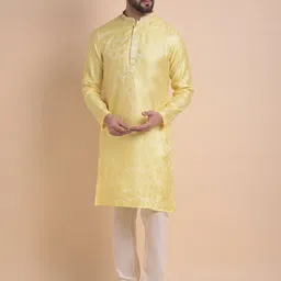Anouk Yellow & White Ethnic Motifs Woven Design Jacquard Silk Kurta with Churidar-picture-17