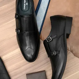 pelle albero Men Black Solid Leather Formal Monk Shoes-image-68