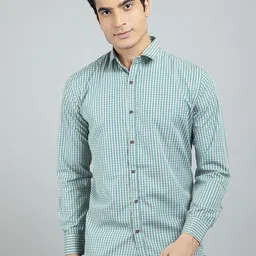 RED FEATHER Men Green Gingham Checks Checked Cotton Formal Shirt-image-4