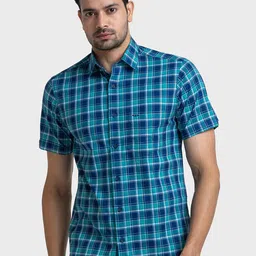 ColorPlus Tartan Checked Spread Collar Tailored Fit Pure Cotton Shirt-image-28