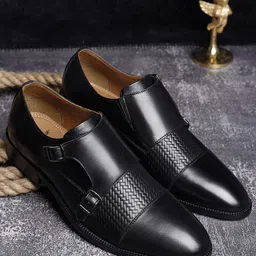 LOUIS STITCH Men Black Textured Solid Formal Leather Monks-image-32