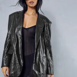 MISSPAP Faux Leather Oversized Blazer With Shoulder Pads-image-60