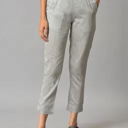 elleven Women Grey Solid Cigarette Trousers-image-5