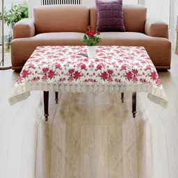 Kuber Industries White & Pink Printed 4-Seater Rectangular Table Cover image 1