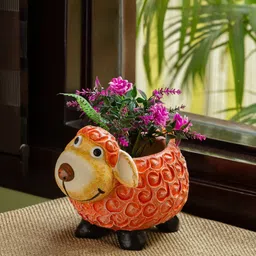 ExclusiveLane Orange & Yellow Cheerful Sheep Hand-Painted Terracotta Table Planters Pot-56
