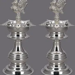 Sigaram Silver Toned 2 Pieces Peacock Diya Pure German Silver For Puja image 1