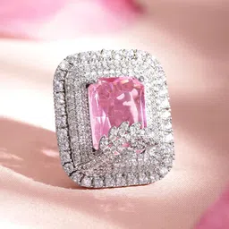 Rubans Rhodium-Plated Pink & White CZ Studded Adjustable Ring-21