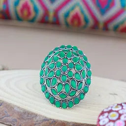 I Jewels Silver-Plated Kundan-Studded Oxidized Adjustable Finger Ring-image-82