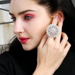 ODETTE Women Sliver-Plated Stones & Pearls Studded Floral Design Adjustable Finger Ring-image-24