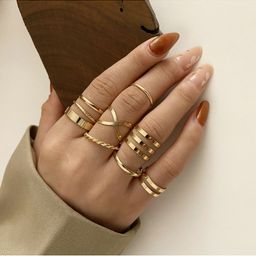 Vembley Set Of 8 Gold-Plated & CZ Stone- Studded Finger Rings-1