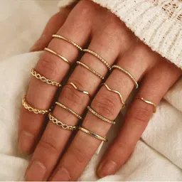 Vembley Set Of 14 Oxidised Gold-Plated & CZ Stone Studded Finger Rings-44