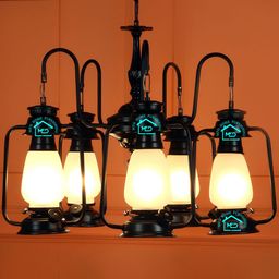 MFD HOME FURNISHING Set of 5 Black Lantern Frost Glass Hanging Lamp-55